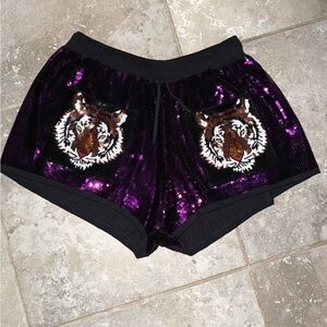QUEEN OF SPARKLES Purple Sequin Tiger Patch Athletic Shorts with Black Trim